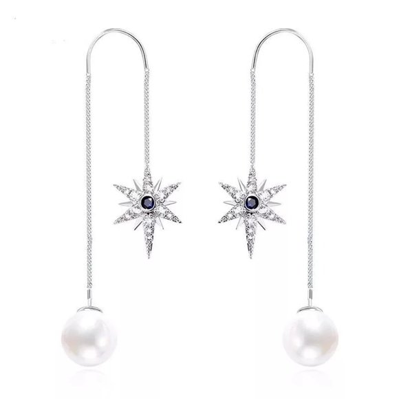 14k Gold Shell Pearl Diamonds Threader Star Earrings Sterling Silver - Picture 2 of 9